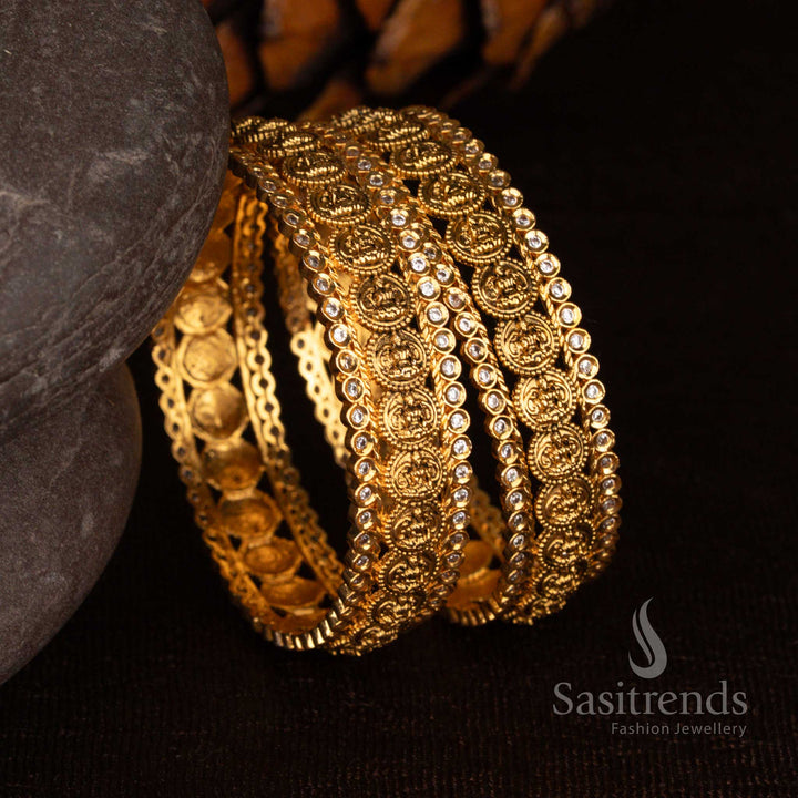 Traditional Temple Matte Gold Plated Lakshmi Motif AD Stone Bangles for Bridal & Festive Wear - Sasitrends