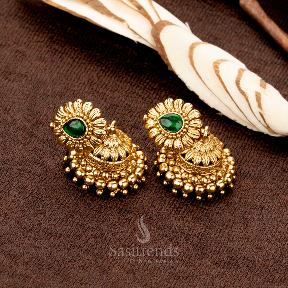 Traditional Necklace Set with Green Stone Accent and Matching Jhumka Earrings