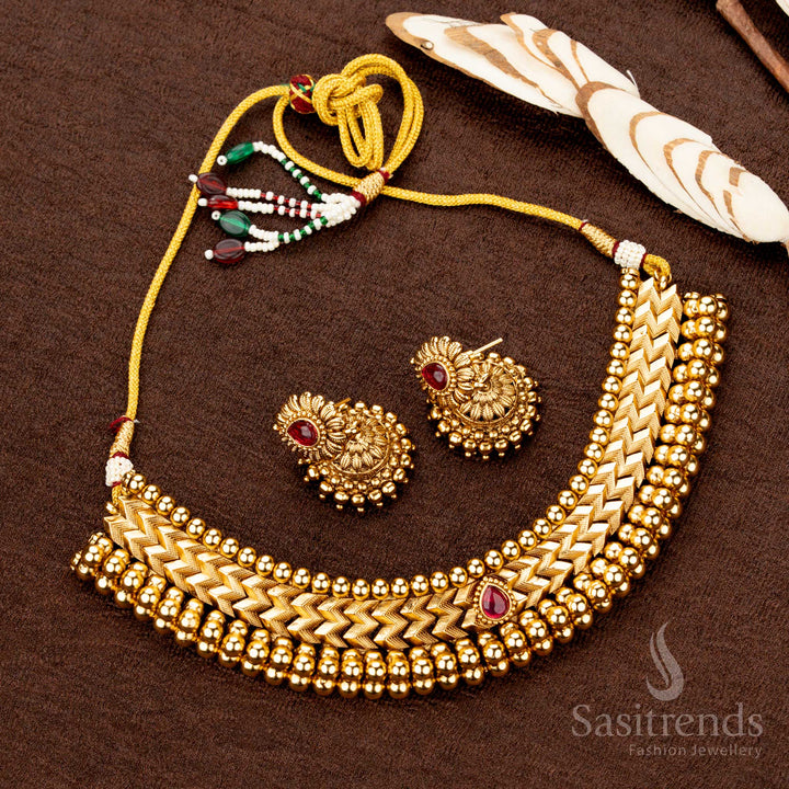 Textured Antique Gold Designer Red stone Necklace Set for Saree and Festive Wear - Sasitrends