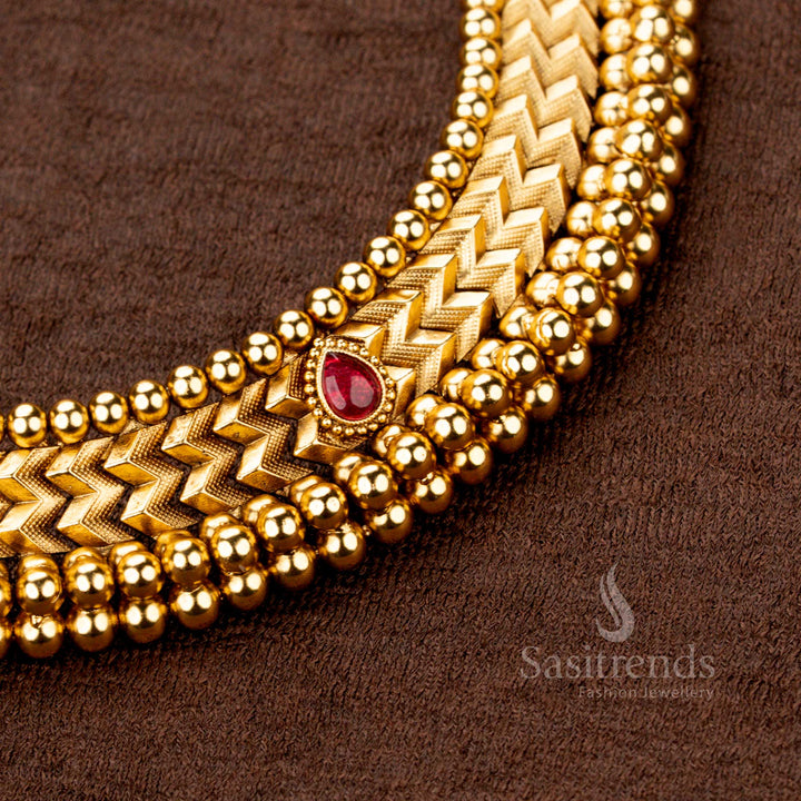 Antique Gold Plated Designer Necklace with Chevron Pattern and Bold Beads - Sasitrends