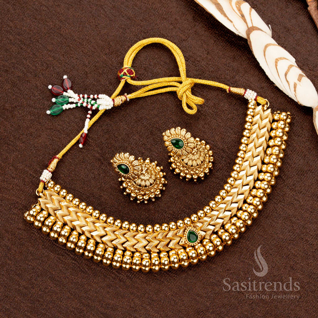 Antique Gold Plated Designer Necklace with Chevron Pattern and Bold Beads - Sasitrends