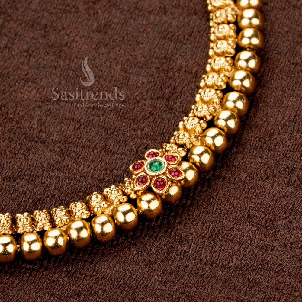 Antique Gold Plated Traditional Necklace Set with Round Floral Motifs and Bead Detailing – Perfect for Saree and Festive Wear - Sasitrends - Sasitrends