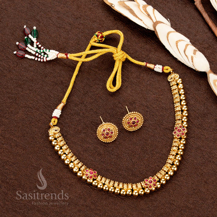 Antique Gold Plated Traditional Necklace Set with Round Floral Motifs and Bead Detailing – Perfect for Saree and Festive Wear - Sasitrends - Sasitrends
