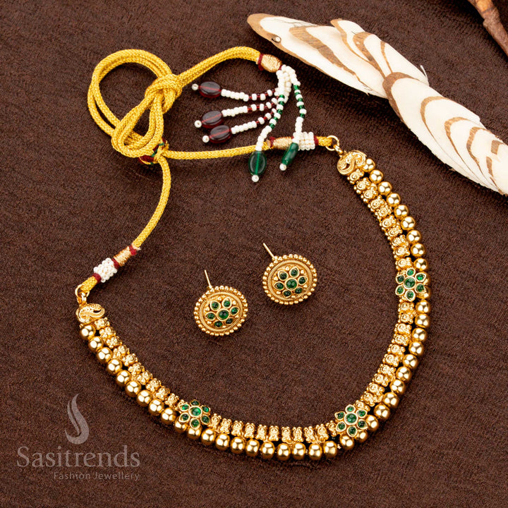 Antique Gold Plated Traditional Necklace Set with Round Floral Motifs and Bead Detailing – Perfect for Saree and Festive Wear - Sasitrends - Sasitrends