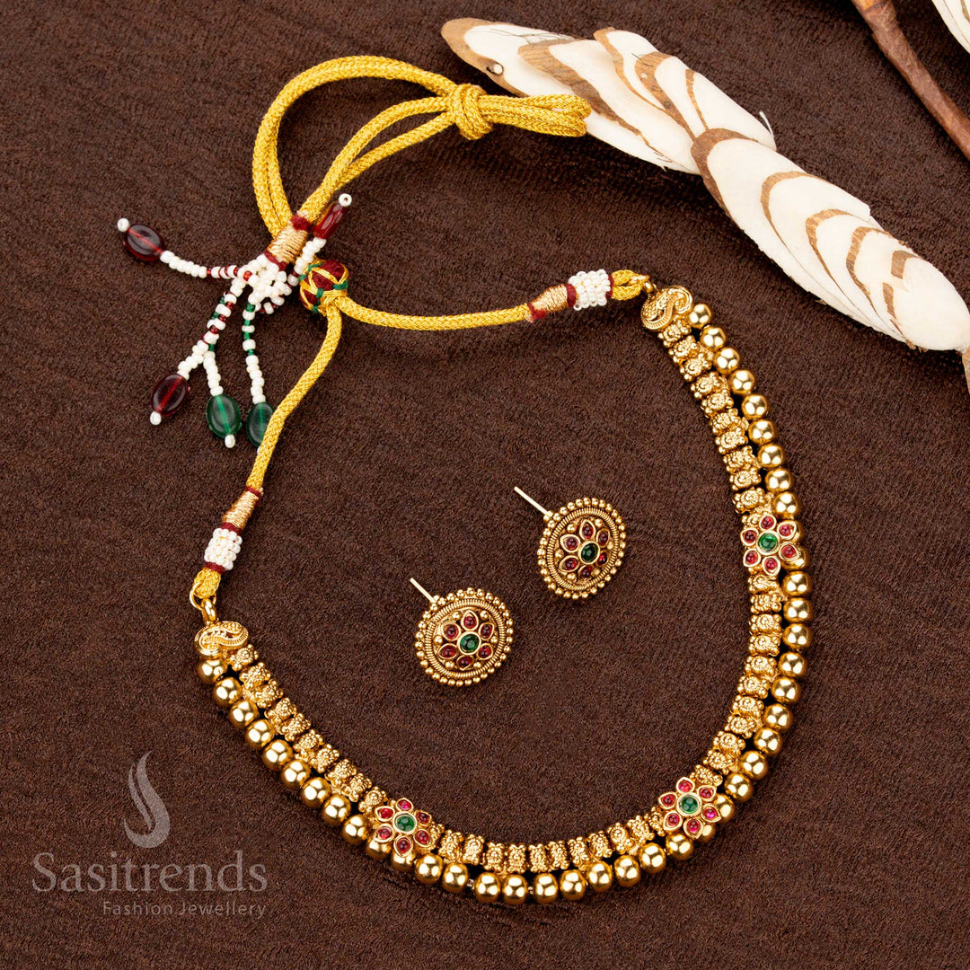Antique Gold Plated Traditional Necklace Set with Round Floral Motifs and Bead Detailing – Perfect for Saree and Festive Wear - Sasitrends - Sasitrends