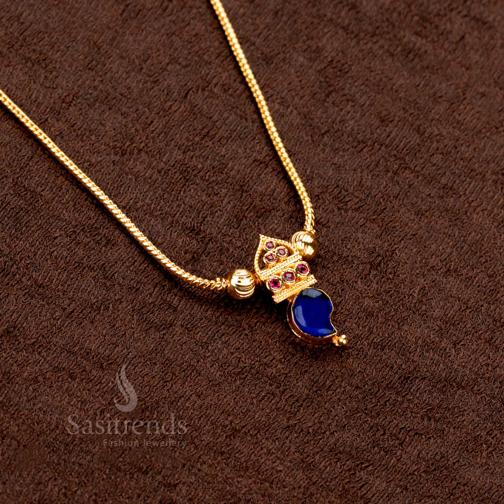 Vibrant Blue Palakka Necklace Set with Side Balls, Glossy Micro Gold Layering and Classic Kerala Craftsmanship – Ethnic Jewellery Charm - Sasitrends