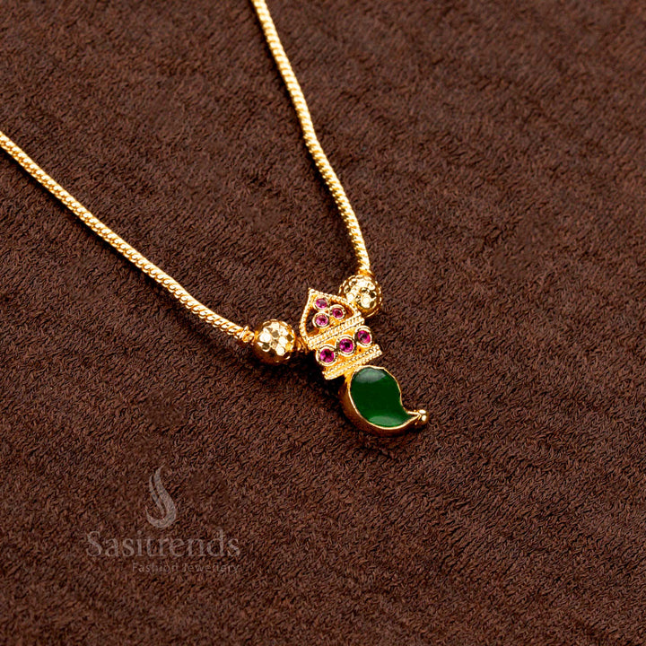 Authentic Green Palakka Necklace Decorated with AD Stones and Delicate Side Gold Beads – Kerala Inspired Jewellery for Ethnic Attire - Sasitrends