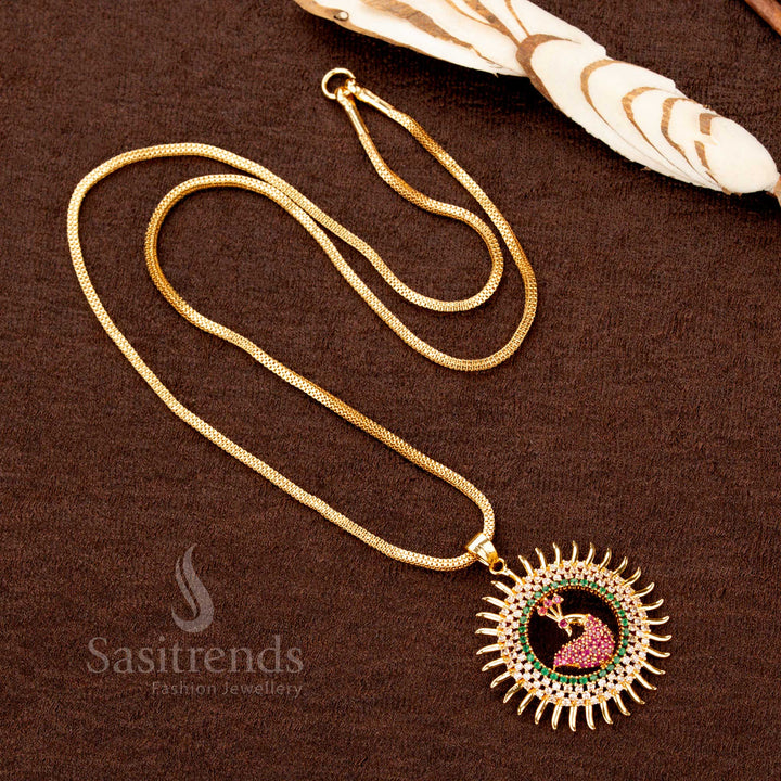 Stunning Micro Gold Plated Peacock Pendant Necklace with Flexible Chain – One Gram Jewellery, Traditional AD Stone Design, Guaranteed Gold Look - Sasitrends