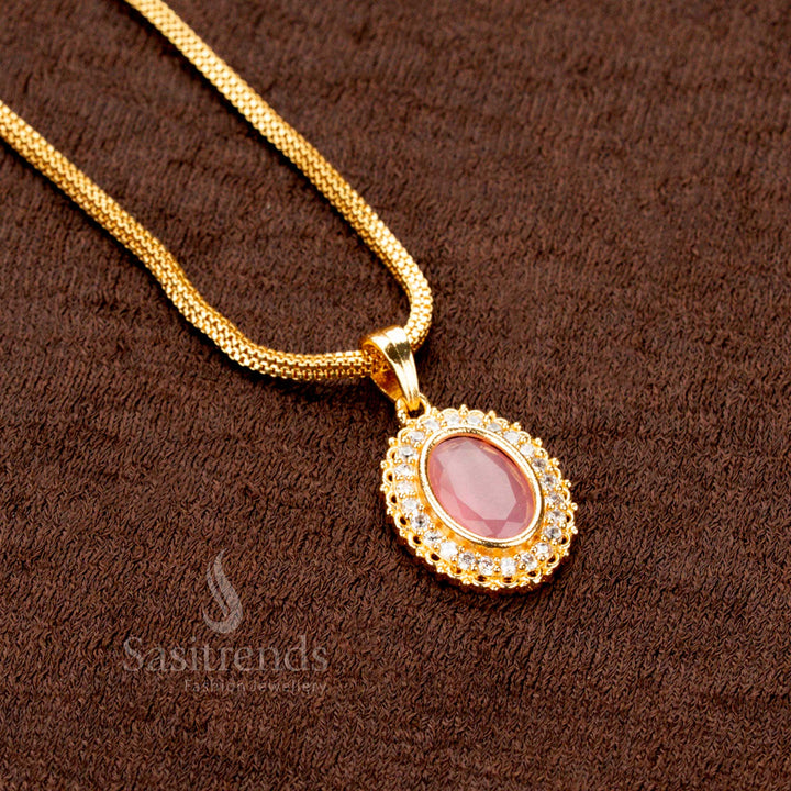 One Gram Jewellery Oval Pendant Chain with AD Stones and Gold Finish – Sasitrends