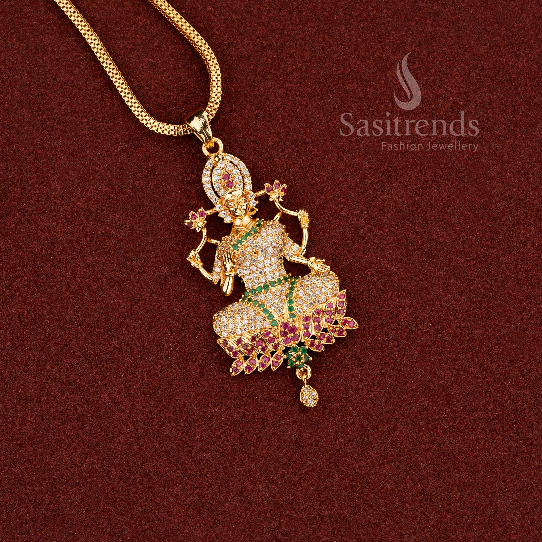 Radiant multi-colour AD stone Goddess Lakshmi pendant necklace with sparkling crystal details perfect for weddings and festive ensembles Jewellery - Sasitrends