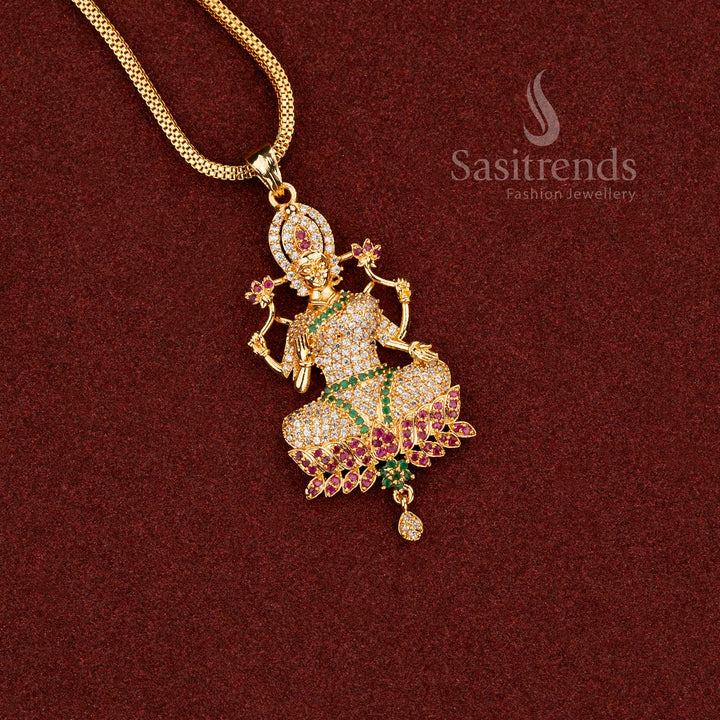 Radiant multi-colour AD stone Goddess Lakshmi pendant necklace with sparkling crystal details perfect for weddings and festive ensembles Jewellery - Sasitrends