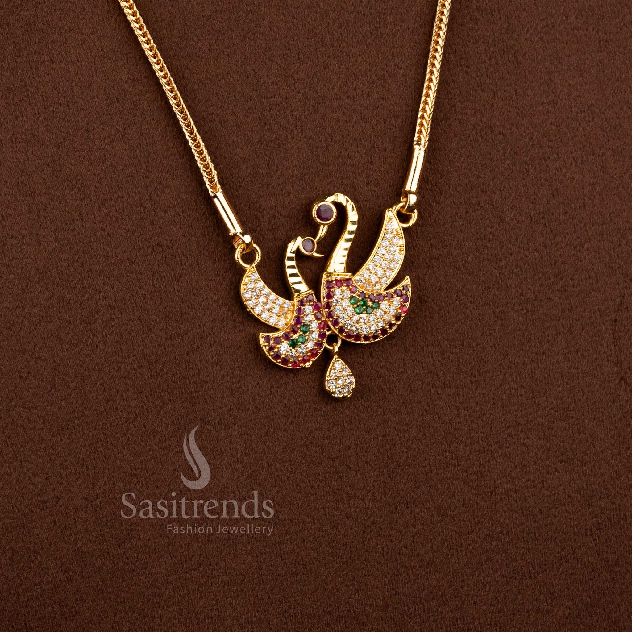 Micro Gold Plated AD Stone Twin Peacock Pendant Chain Necklace with Rich Real Gold Look Finish for Women, Traditional Party Wear Jewellery - Sasitrends