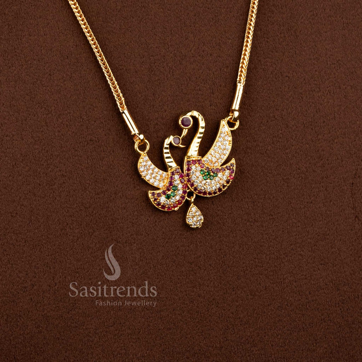 Micro Gold Plated AD Stone Twin Peacock Pendant Chain Necklace with Rich Real Gold Look Finish for Women, Traditional Party Wear Jewellery - Sasitrends