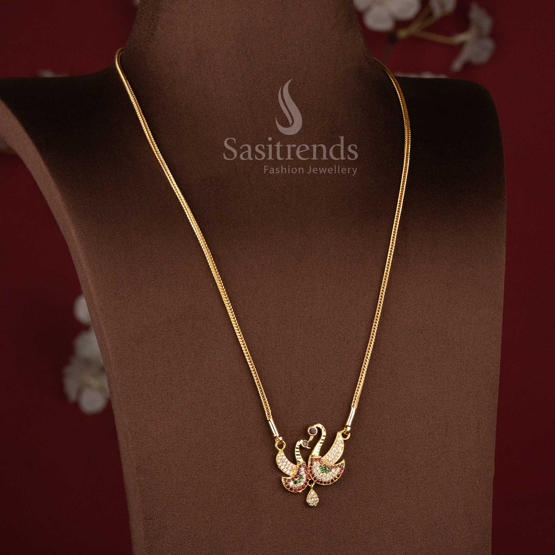Micro Gold Plated AD Stone Twin Peacock Pendant Chain Necklace 