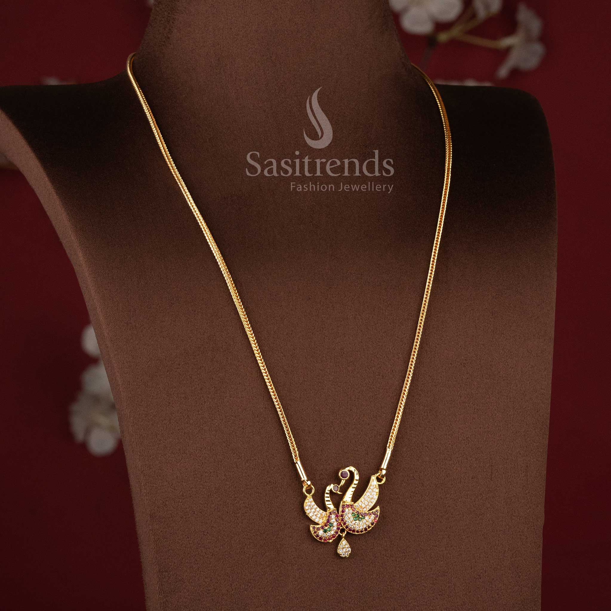 Micro Gold Plated AD Stone Twin Peacock Pendant Chain Necklace 
