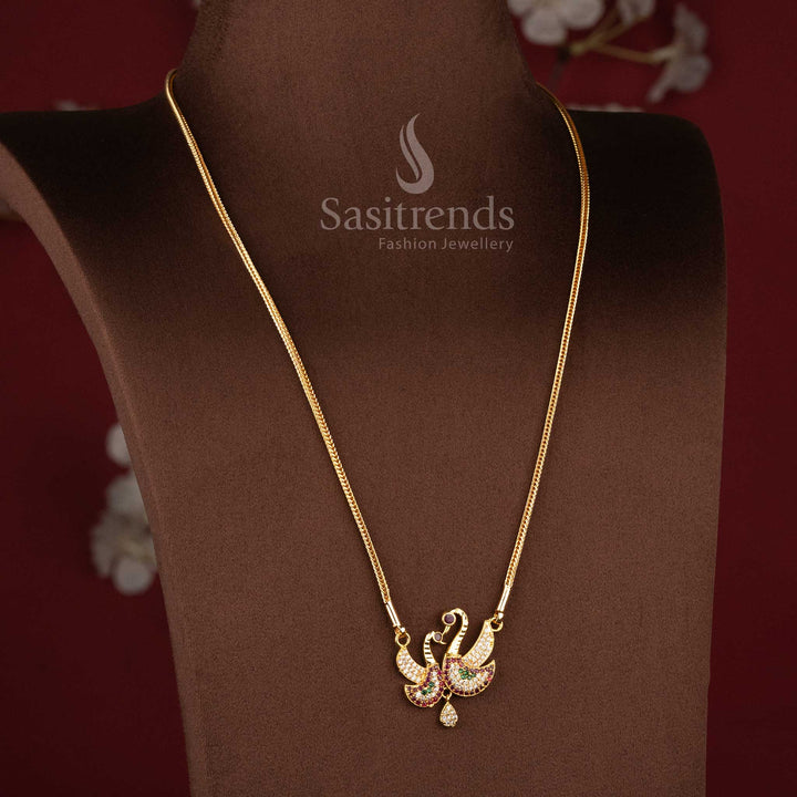 Royal Twin Peacock Micro Gold Plated AD Stone Pendant Chain Necklace for Festive Occasions - Sasitrends