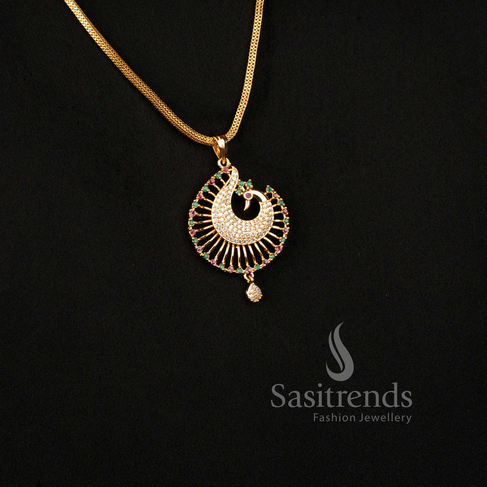 Elegant American Diamond Mayil Dollar Chain Necklace with Multi-Colour Stone Detailing for Festive and Traditional Wear - Sasitrends