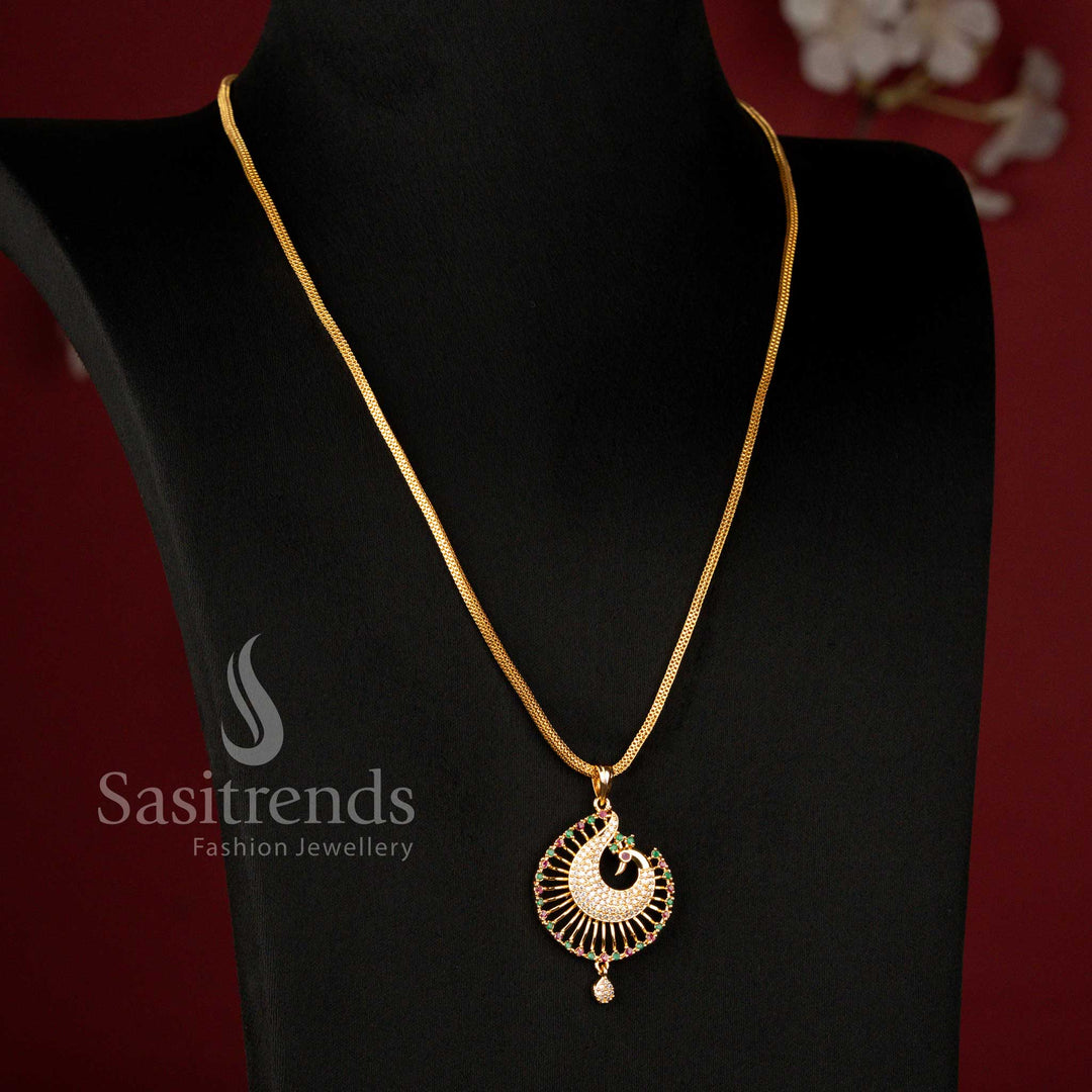 Guaranteed American Diamond Micro Gold Plated Multi-Colour Peacock Pendant Chain Necklace with Ruby and Emerald Stones, Look Like Real Gold - Sasitrends