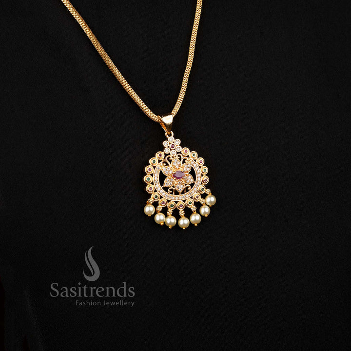 Stunning Micro Gold Plated Floral Medallion Stone Studded Pearl Drop Necklace Sasitrends