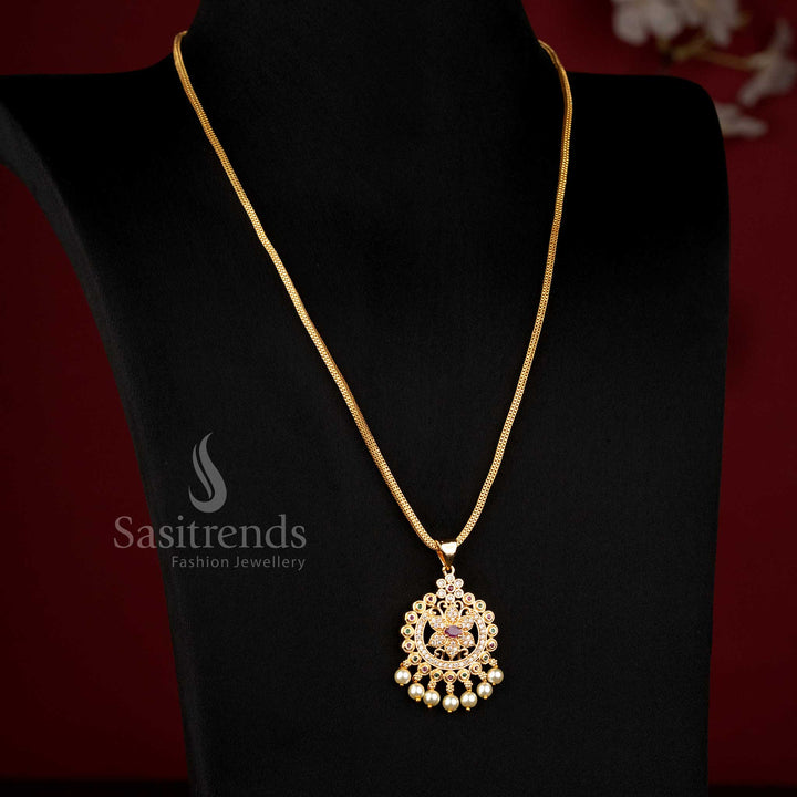 Stunning Micro Gold Plated Floral Medallion Stone Studded Pearl Drop Necklace Sasitrends