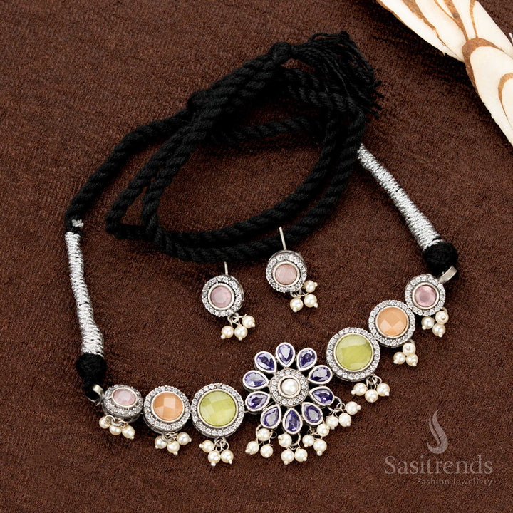 traditional oxidised jewellery featuring colourful stones and floral pearl hangings, a statement choker necklace for Navratri celebrations- Sasitrends 