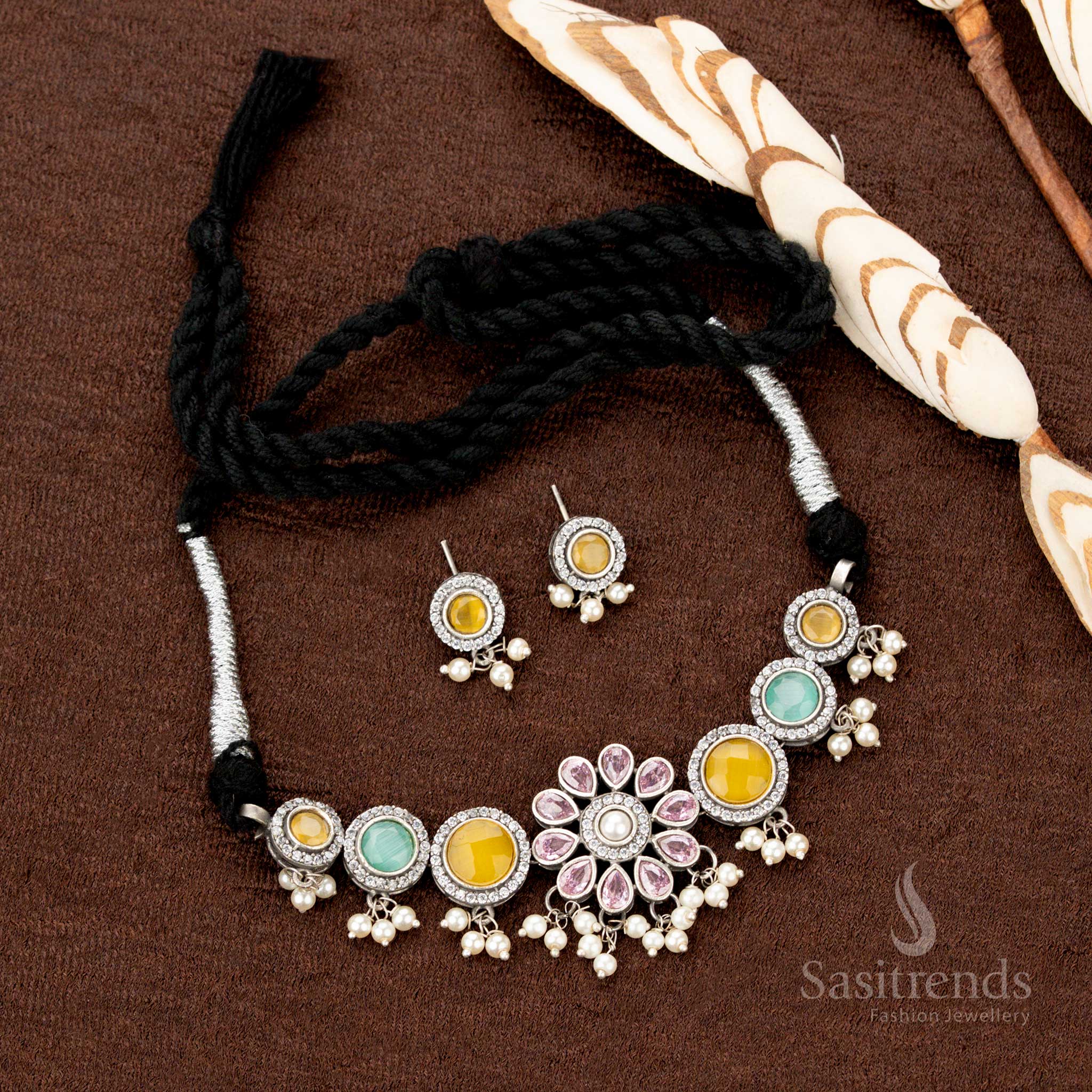Heritage-inspired oxidised choker with multistone accents and elegant pearl charms, showcasing a classic floral motif for timeless Indian traditional jewellery appeal - Sasitrends