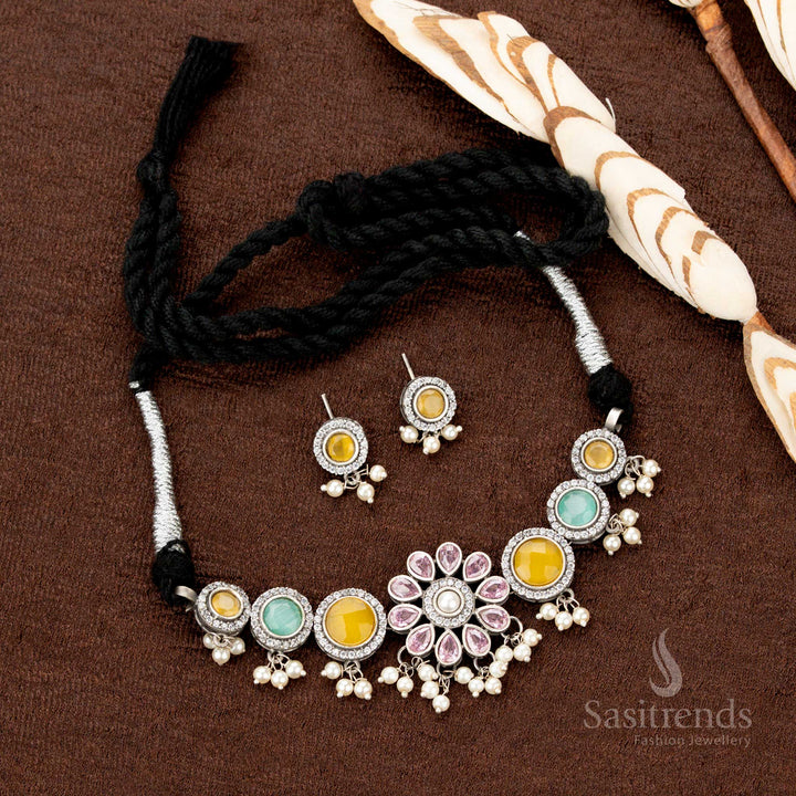 Heritage-inspired oxidised choker with multistone accents and elegant pearl charms, showcasing a classic floral motif for timeless Indian traditional jewellery appeal - Sasitrends
