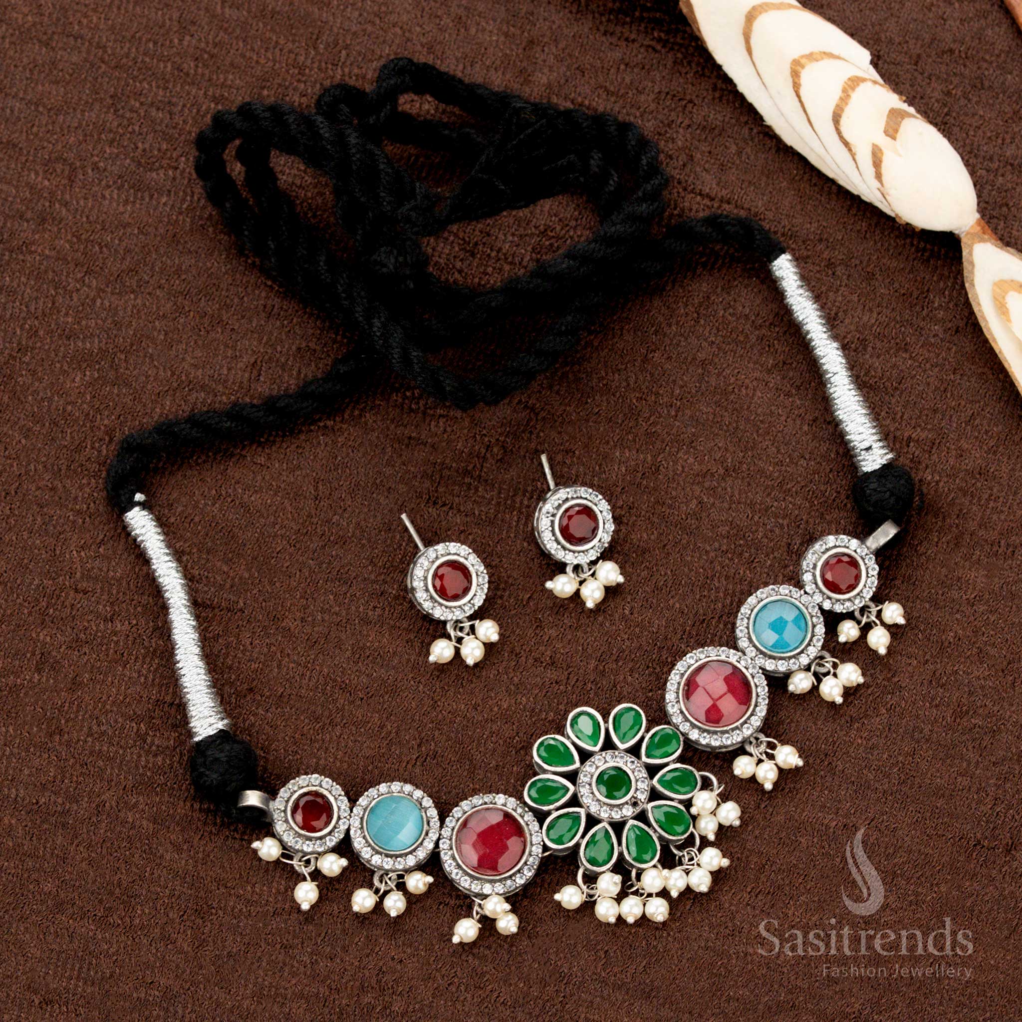 Rustic oxidised choker with vibrant multicolour stones and delicate pearl floral hangings, ideal for Navaratri and festive Indian jewellery styling - Sasitrends