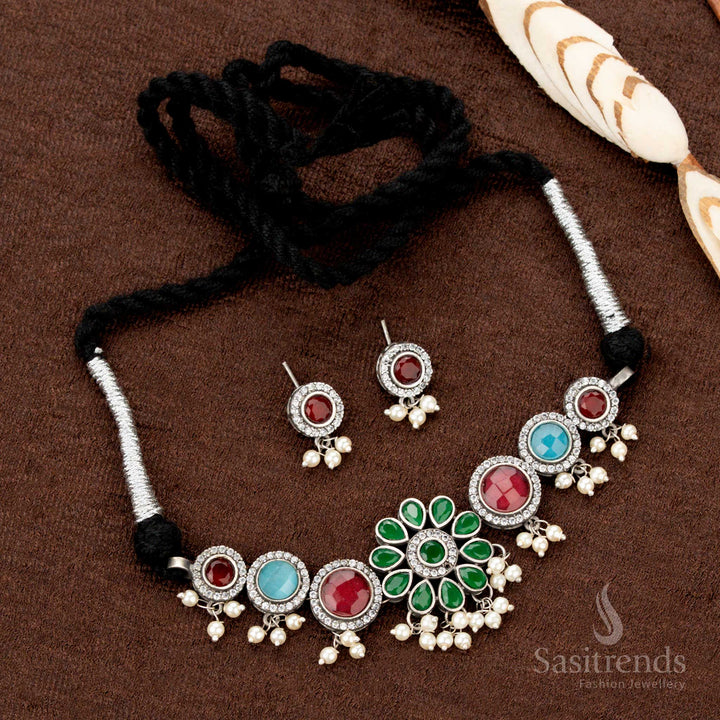 Rustic oxidised choker with vibrant multicolour stones and delicate pearl floral hangings, ideal for Navaratri and festive Indian jewellery styling - Sasitrends