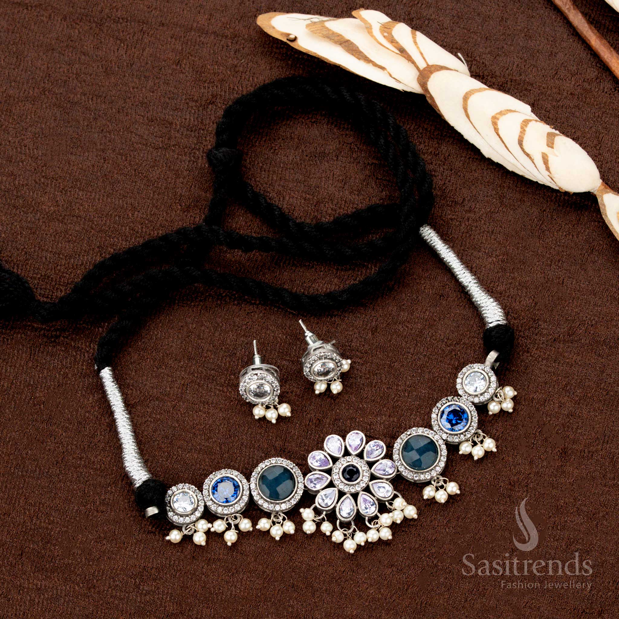 Elegant oxidised choker necklace featuring antique floral motifs and multistone shimmer with pearl drops, a must-have traditional jewellery piece for Navaratri grace - Sasitrends