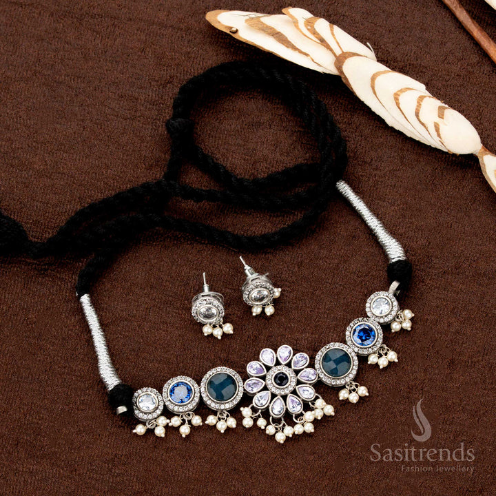 Elegant oxidised choker necklace featuring antique floral motifs and multistone shimmer with pearl drops, a must-have traditional jewellery piece for Navaratri grace - Sasitrends