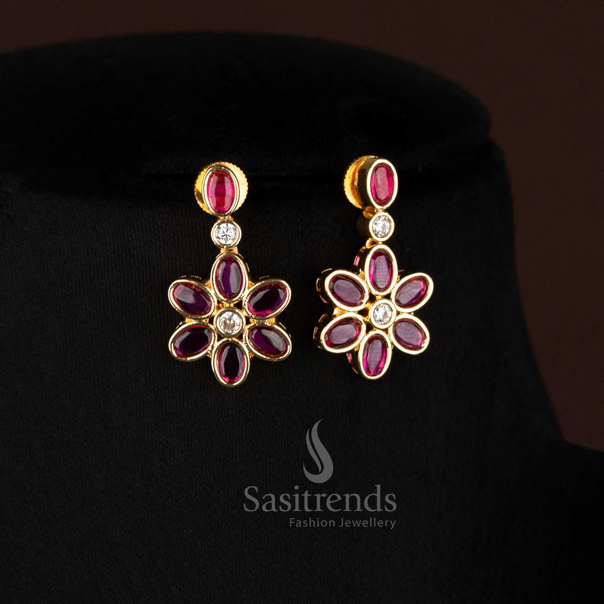 Matte gold plated Ruby necklace with floral earrings – Sasitrends