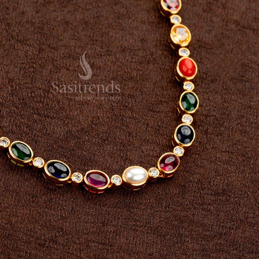 Matte gold plated Navaratna necklace with floral earrings – Sasitrends