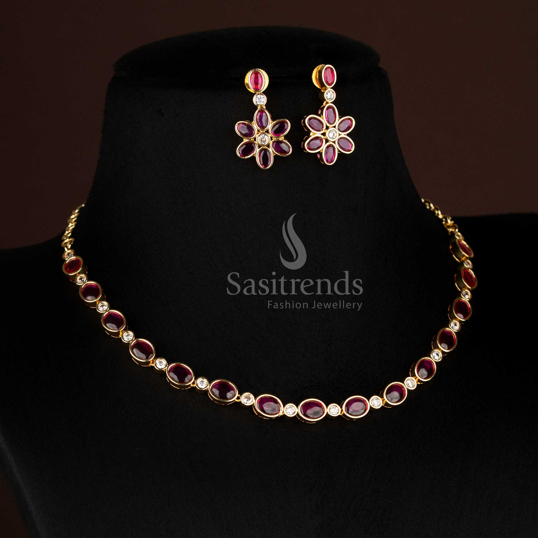 Matte gold plated Ruby necklace with floral earrings – Sasitrends