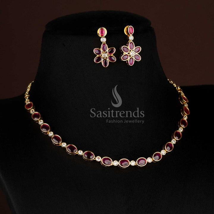 Matte gold plated Ruby necklace with floral earrings – Sasitrends