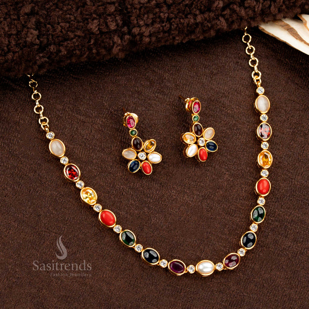 American Diamond temple jewellery necklace with multistone floral earrings – Sasitrends
