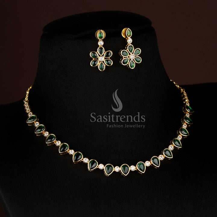 Elegant American Diamond Matte Gold Plated Kemp Stone Studded Oval and Round Necklace Jewellery Set – Festive Wear