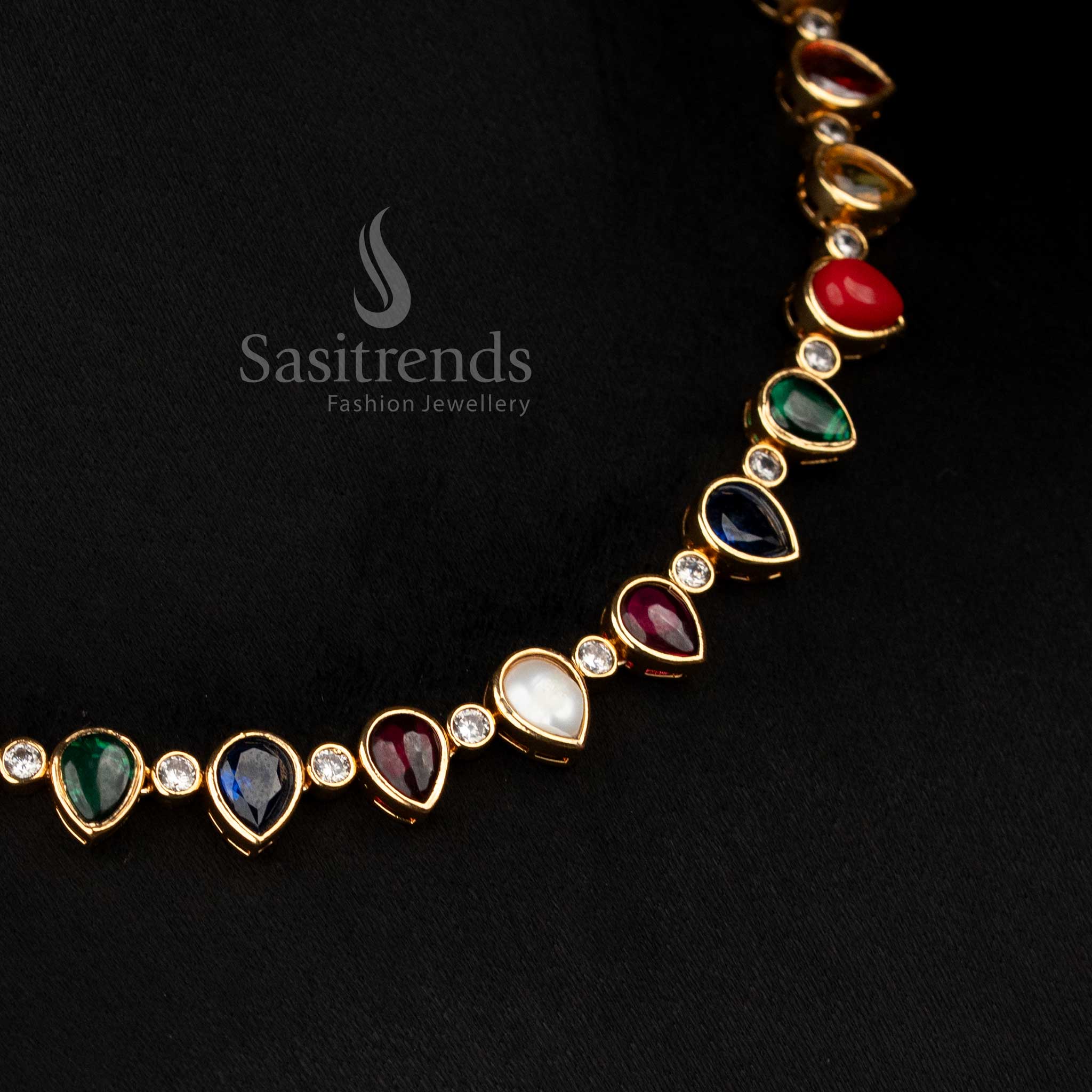 Elegant american diamond matte gold plated navarathna teardrop necklace set with floral earrings - Sasitrends