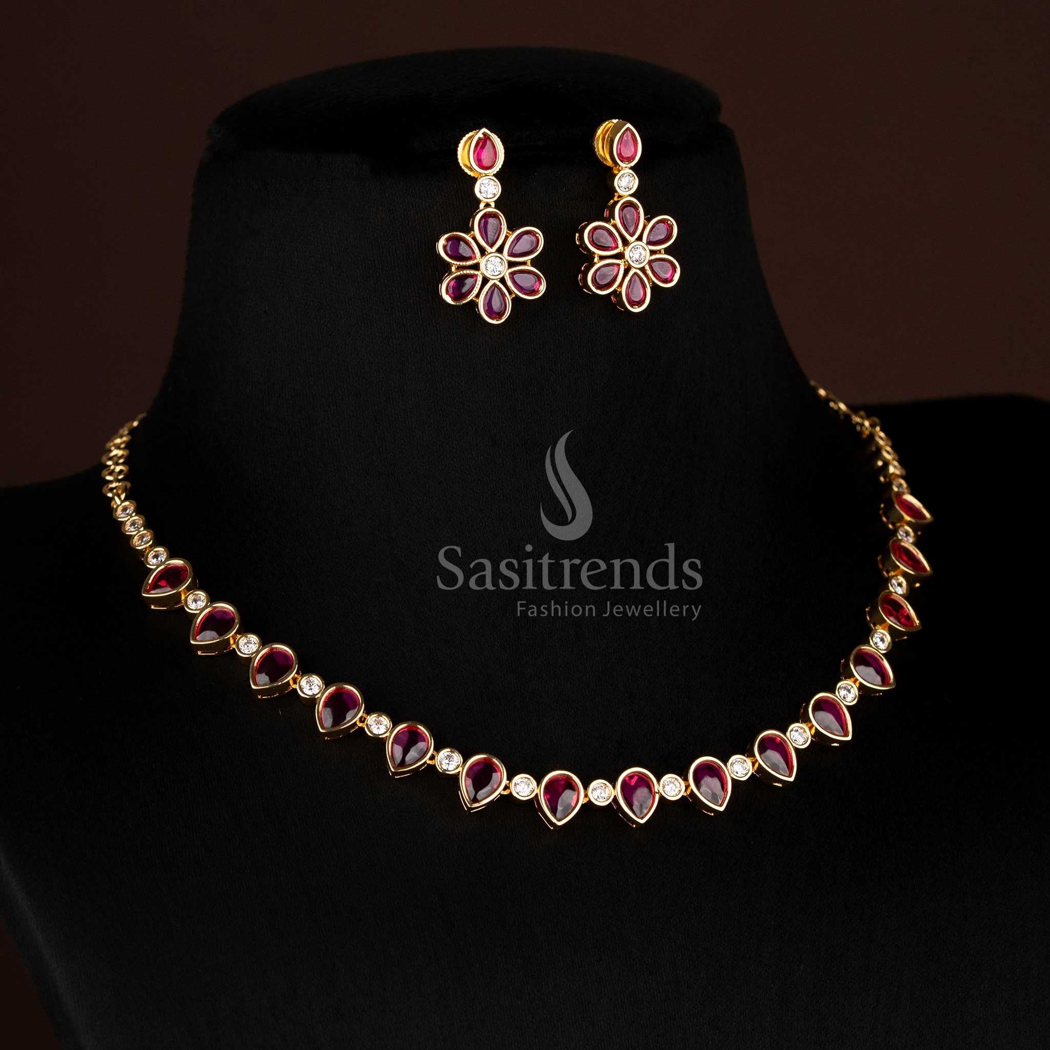 Traditional american diamond matte gold plated teardrop necklace set - Sasitrends