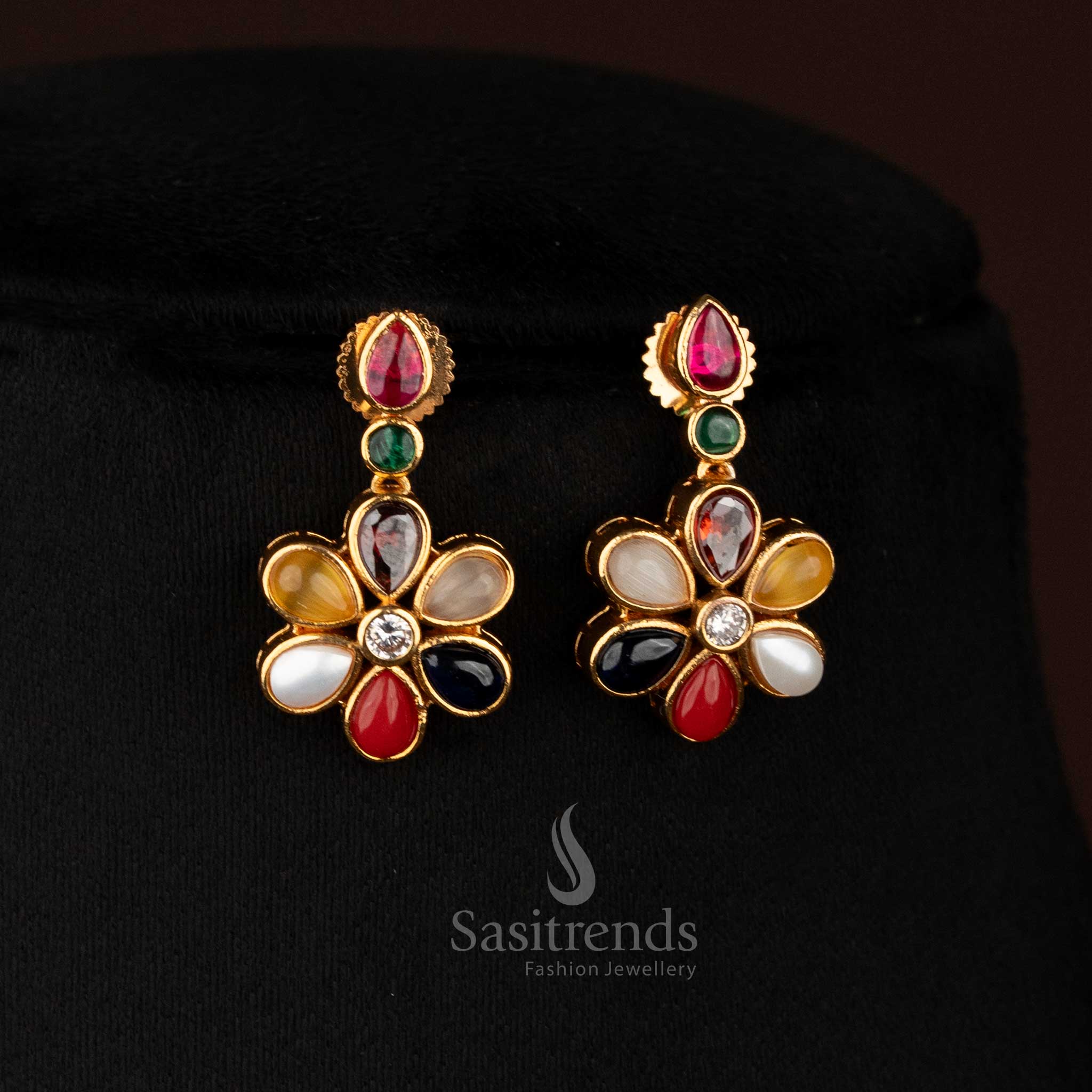 Stunning american diamond matte gold plated navarathna teardrop necklace set with floral earrings - Sasitrends
