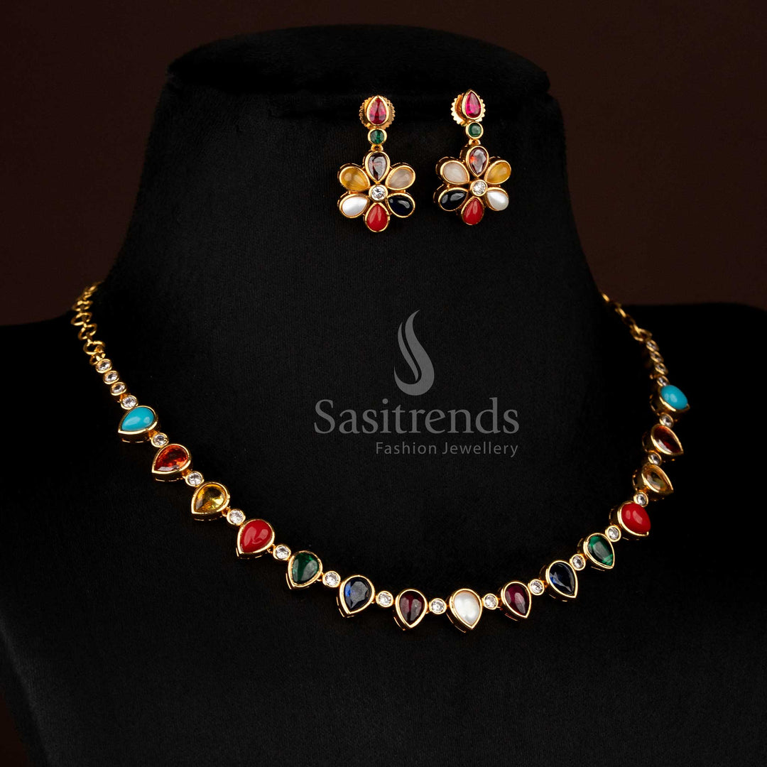 Traditional american diamond matte gold plated navarathna teardrop necklace set - Sasitrends
