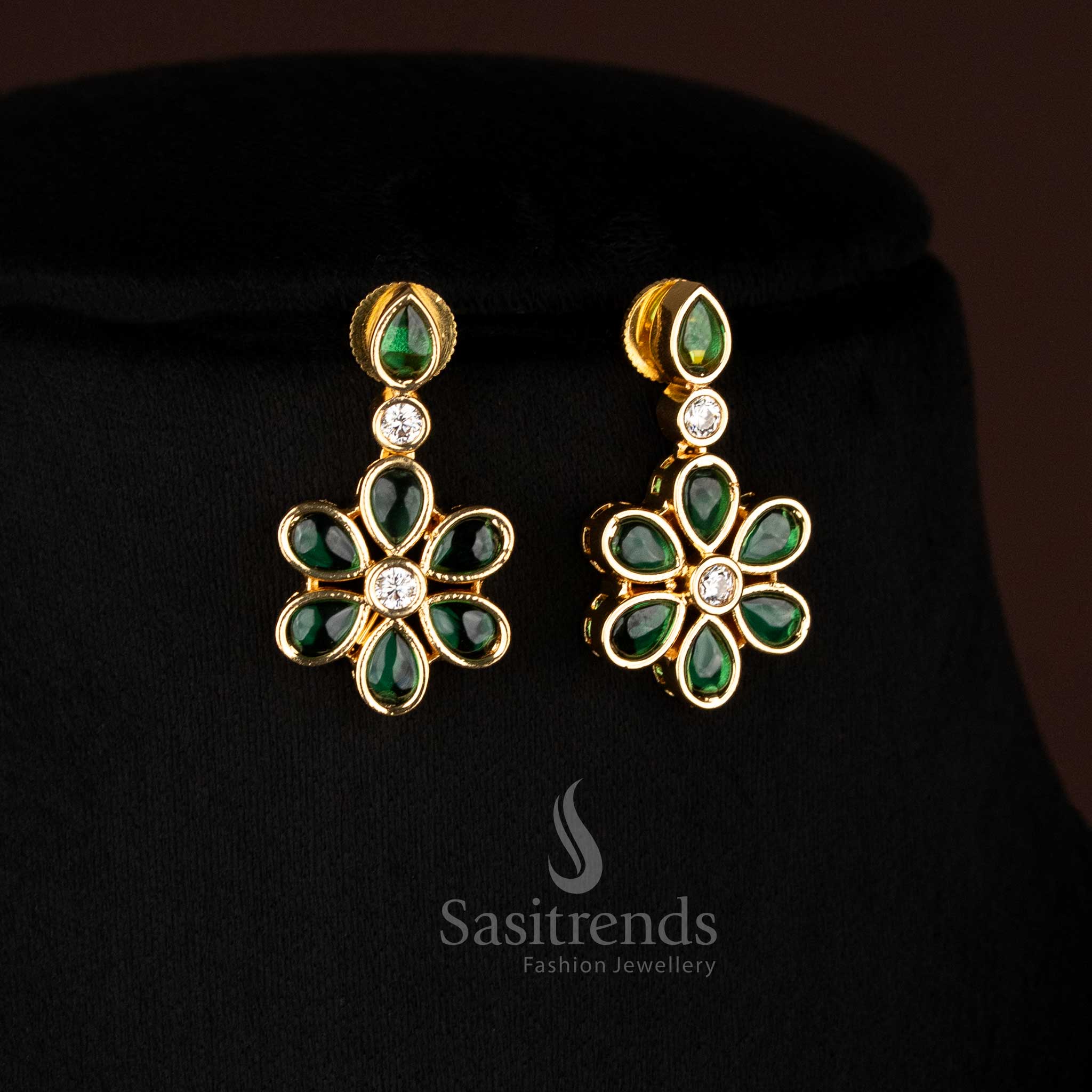 Traditional Green american diamond matte gold plated teardrop necklace set - Sasitrends