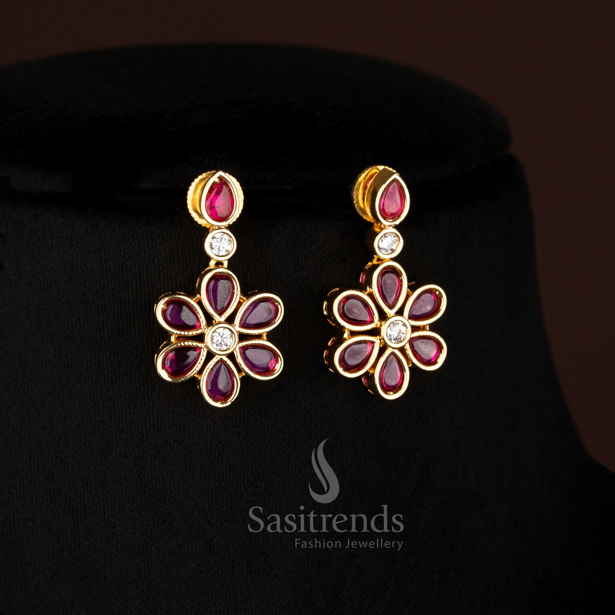 Traditional Ruby american diamond matte gold plated teardrop necklace set - Sasitrends