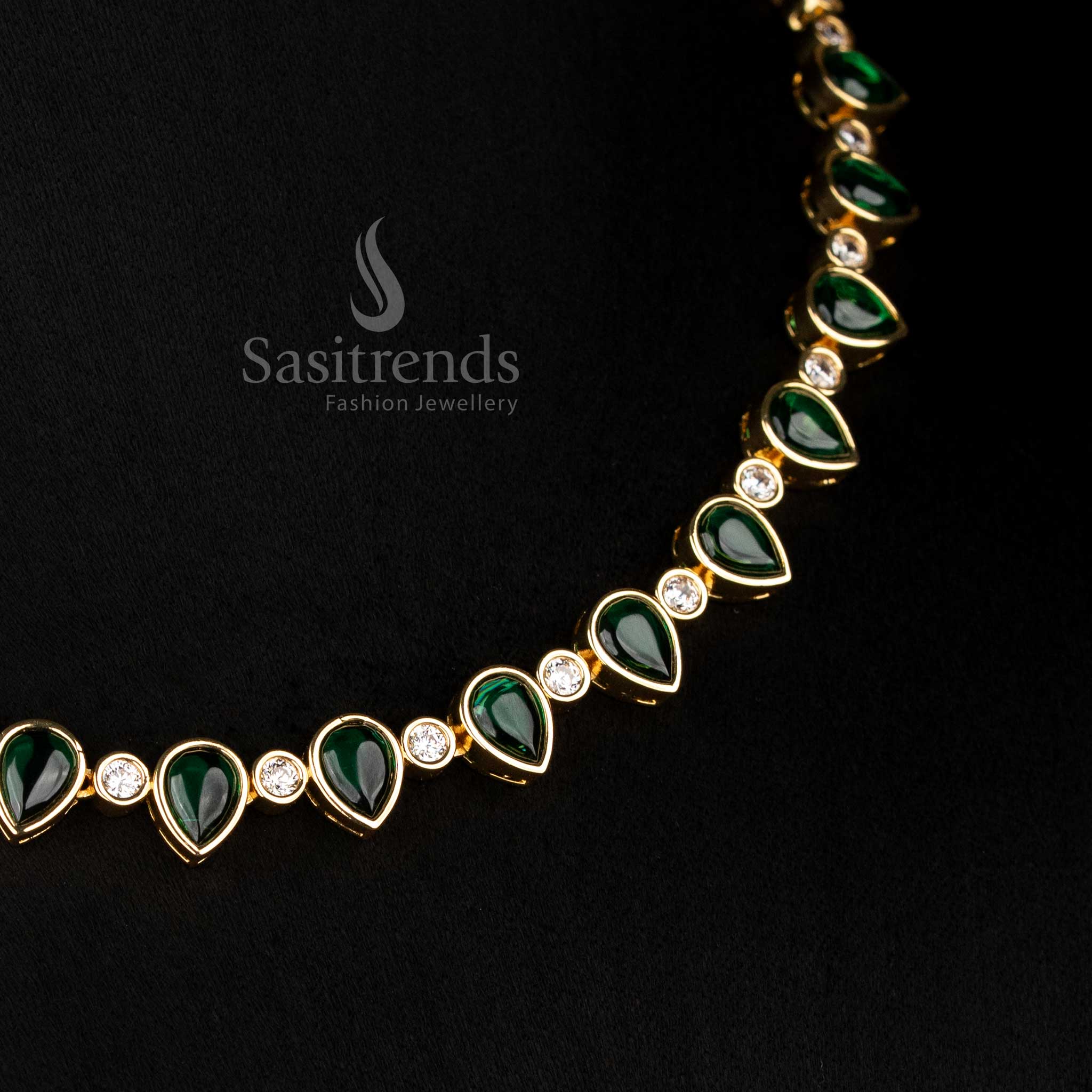 Traditional Green american diamond matte gold plated teardrop necklace set - Sasitrends