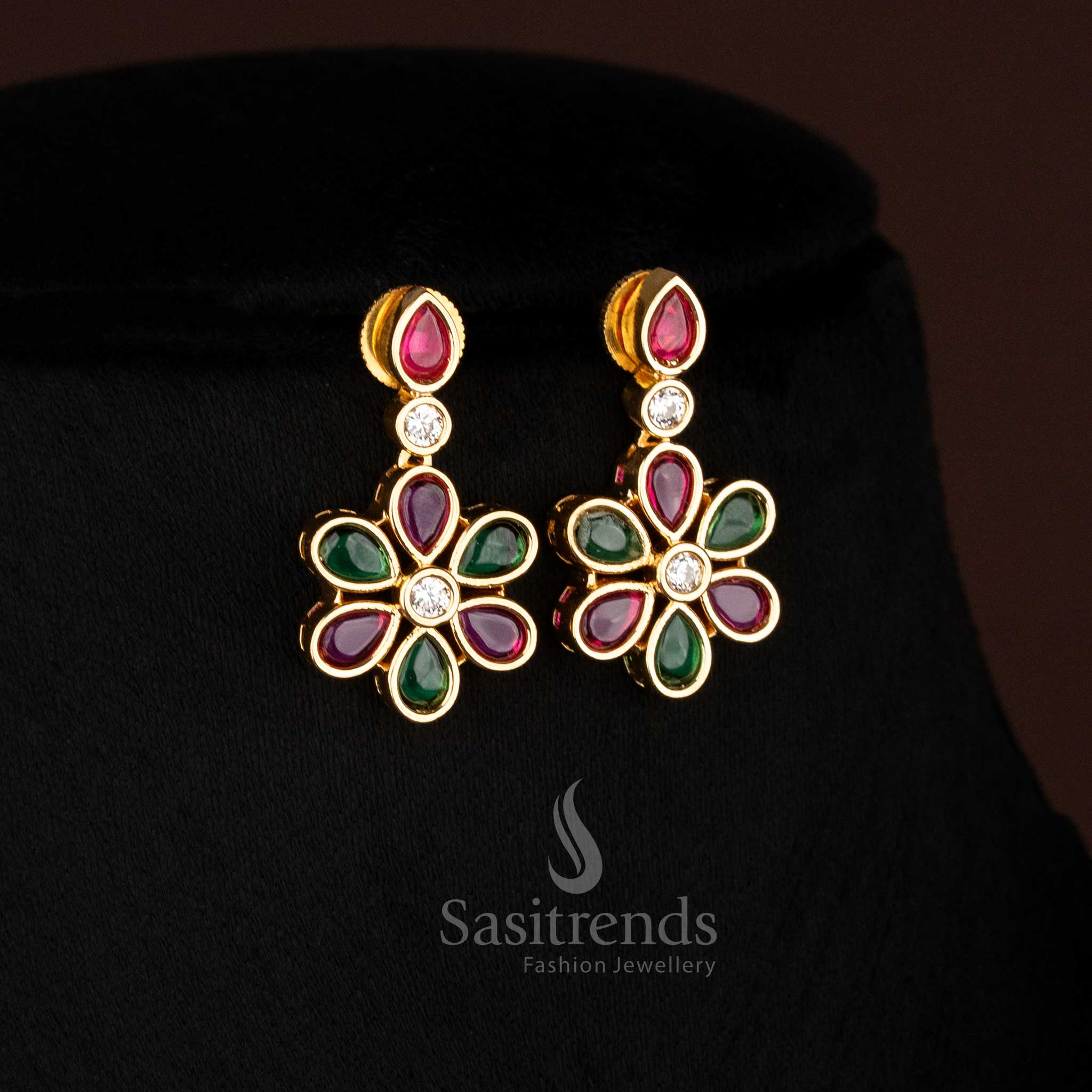 Traditional Ruby Green american diamond matte gold plated teardrop necklace set - Sasitrends