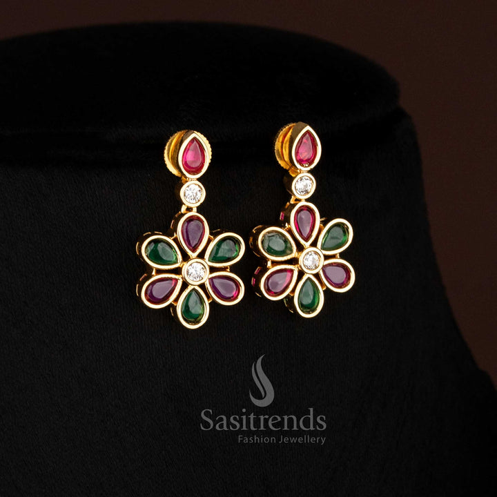 Traditional Ruby Green american diamond matte gold plated teardrop necklace set - Sasitrends