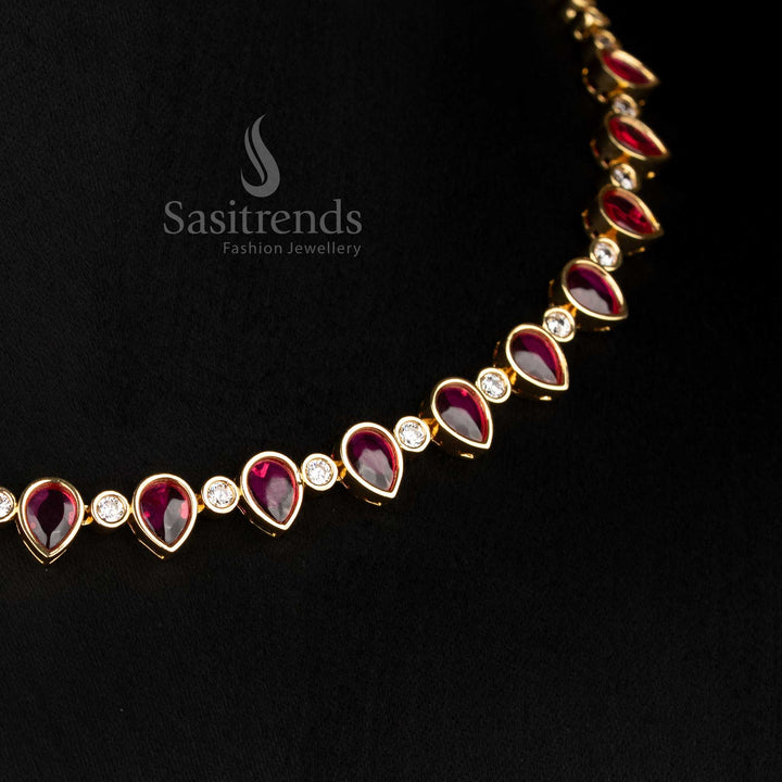 Traditional ruby american diamond matte gold plated teardrop necklace set - Sasitrends