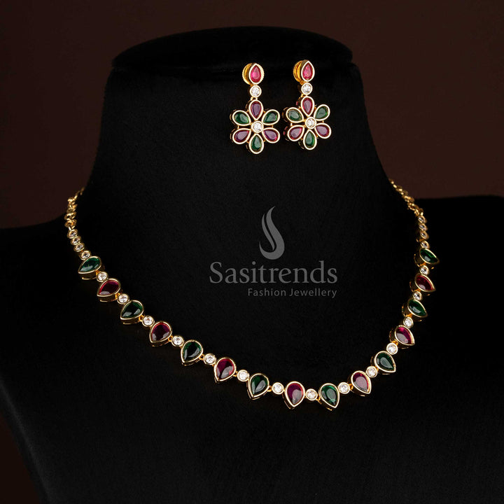 Traditional Ruby Green american diamond matte gold plated teardrop necklace set - Sasitrends