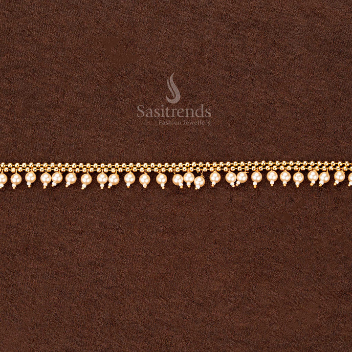 Saree hipbelt with gold plated twin bead lines and dangling pearl hangings - Sasitrends