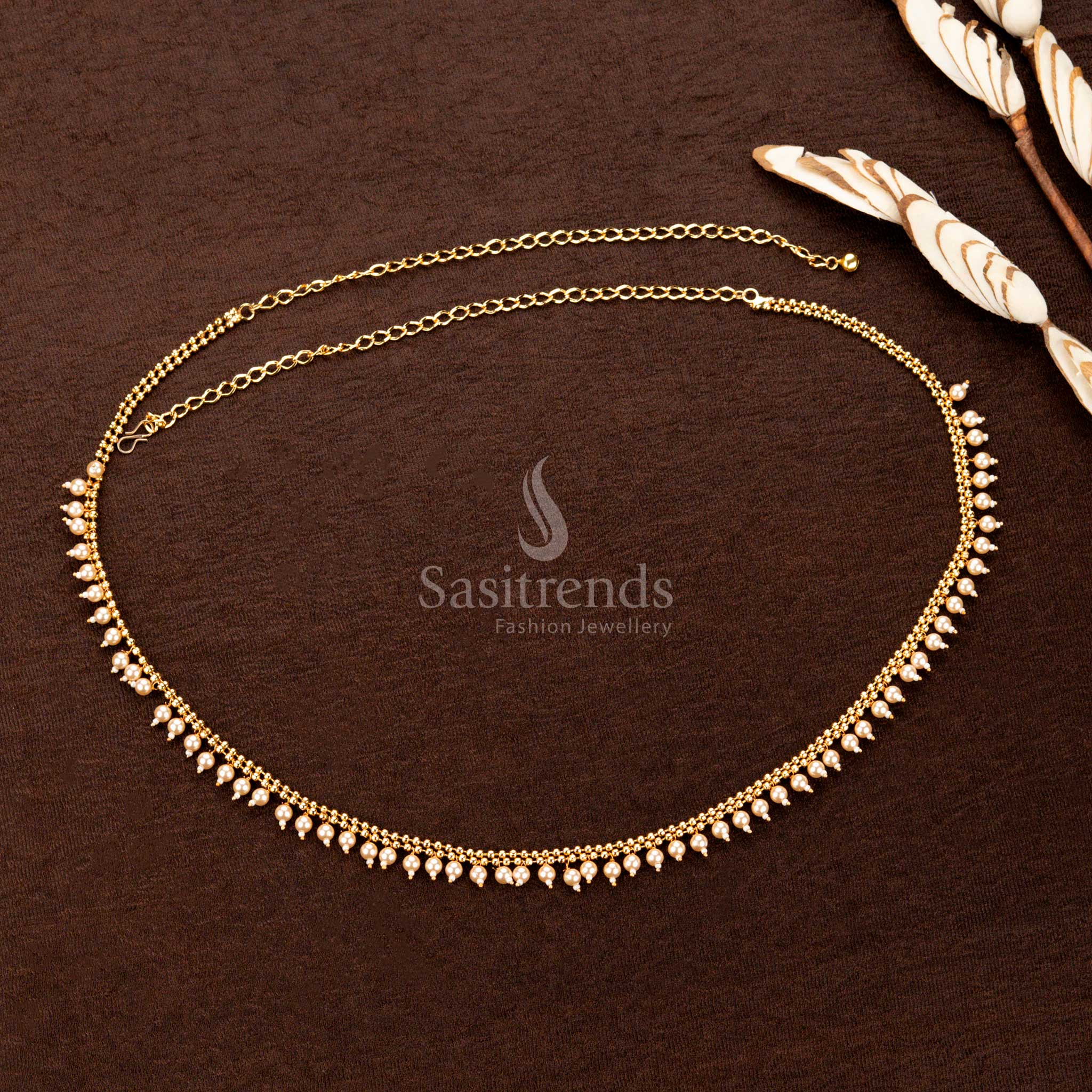 Gold plated hipbelt with dual bead chain and elegant pearl drops - Sasitrends